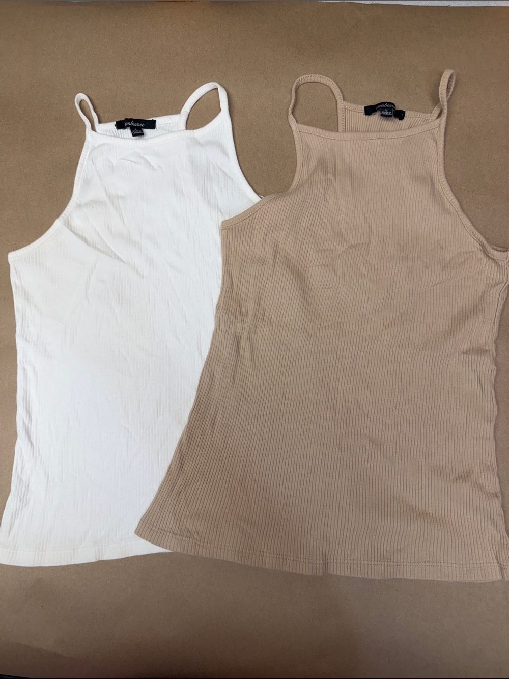 Ambiance Ribbed High Neck Tank Tops in White and Tan/Camel